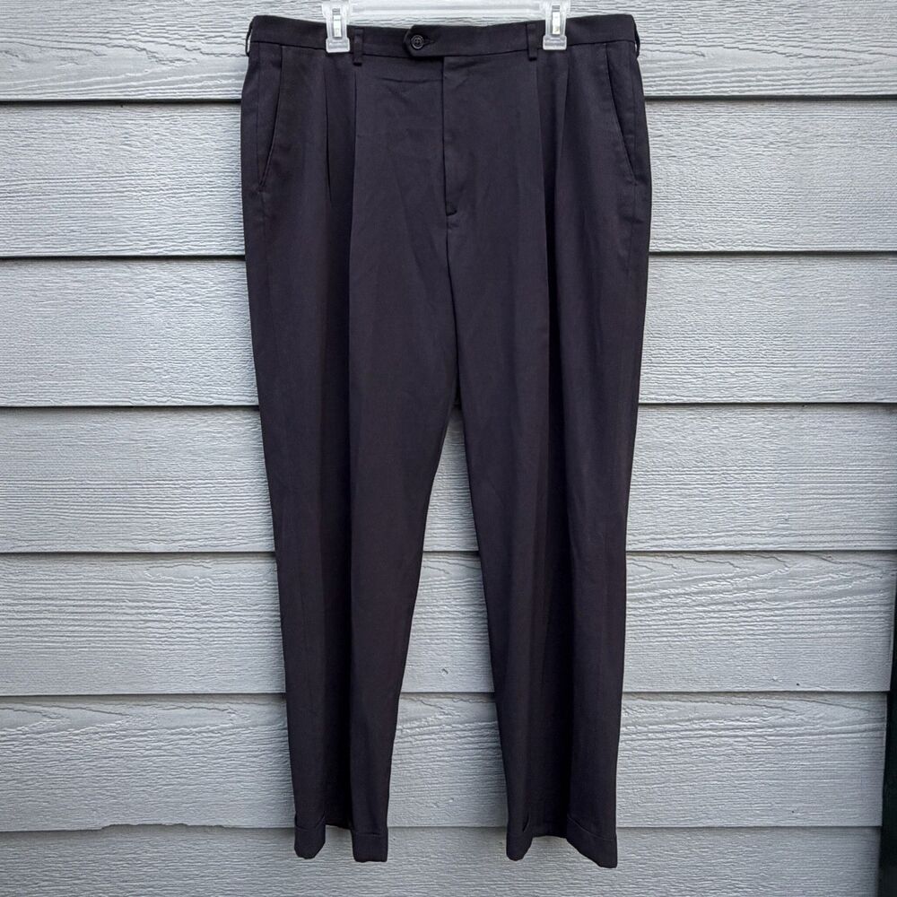 Haggar Black Label 36x30 Pleated Dress Pants Men Black Polyester Blend Work